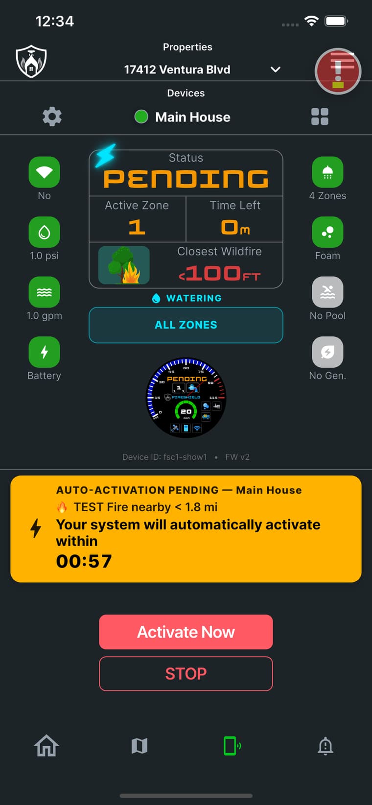 FireShield app showing PENDING