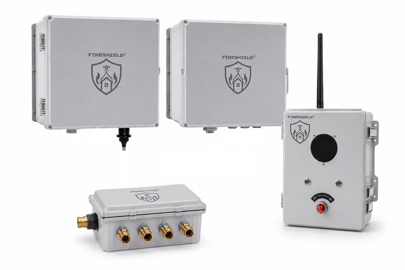 The FireShield hardware family: two hub enclosures, the zone module and the Defense Core controller with its display, antenna and red start button