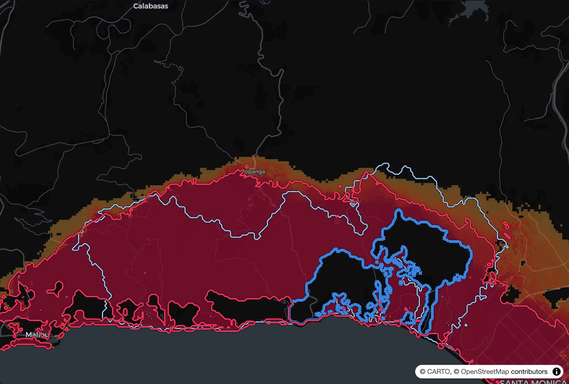 FireShield PWHA forecast of the Palisades Fire: the predicted fire line in red ahead of the real fire in blue