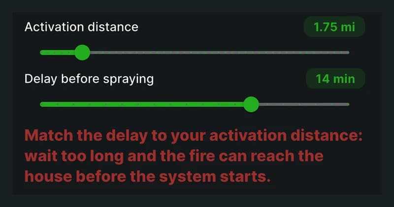 FireShield app: activation distance and delay-before-spraying sliders