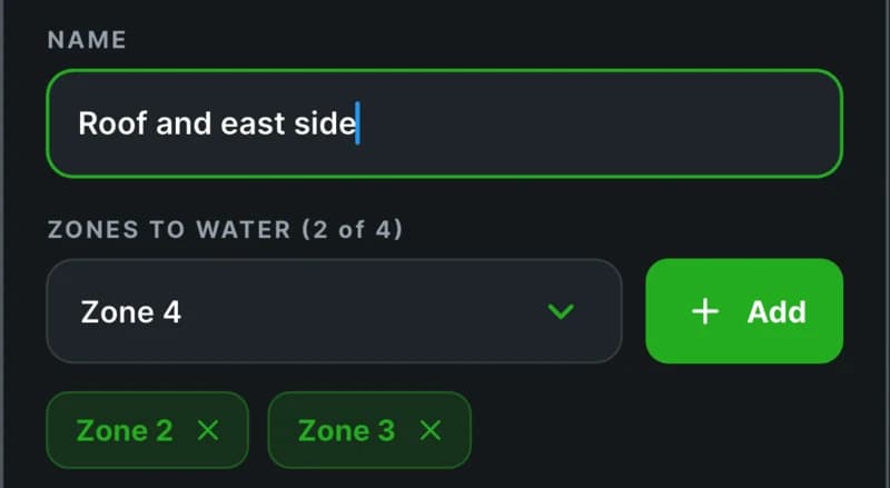 FireShield app: a zone group named Roof and east side, watering zones 2 and 3