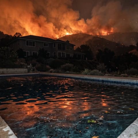 A dark house at night with a wildfire burning on the ridge behind it and the pool in front