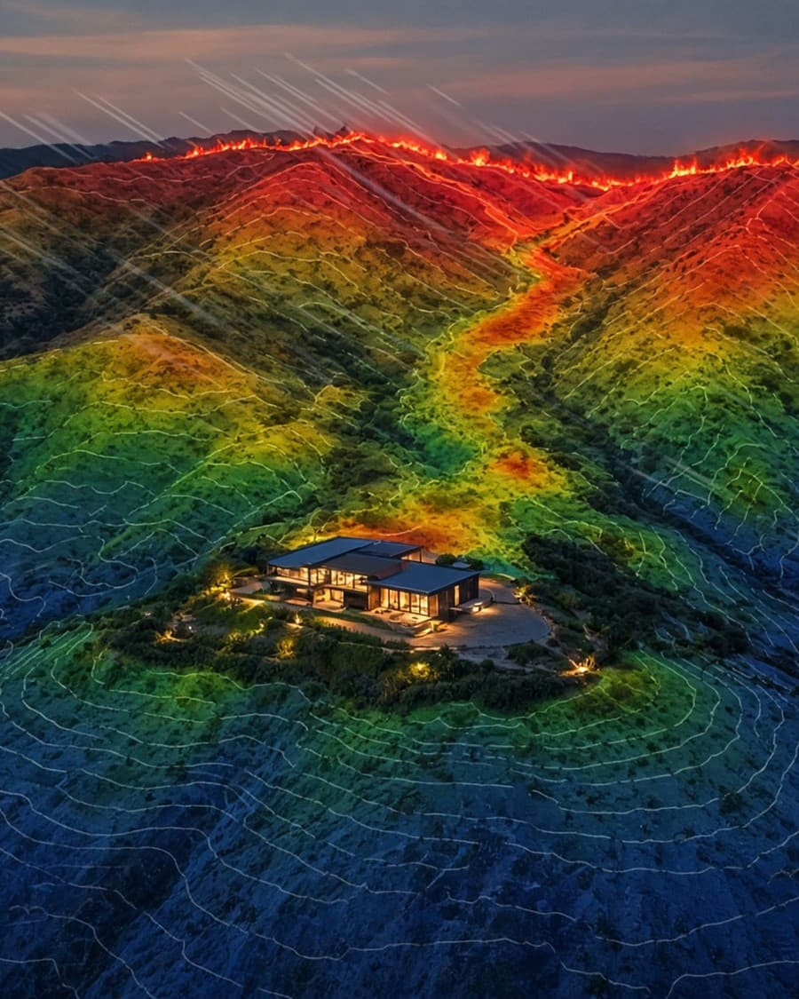 Hill terrain with a wildfire on the ridge and a risk surface painted down the canyon toward a lit house