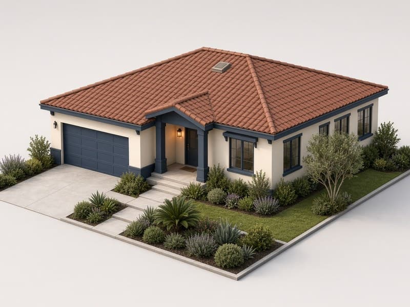 Render of a single-story family house with a tile roof and planted front garden